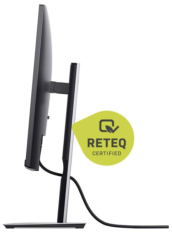 Seitenansicht eines Flachbildschirms auf einem Ständer mit einem Kabel, gekennzeichnet mit einem grünen Abzeichen "RETEQ CERTIFIED".