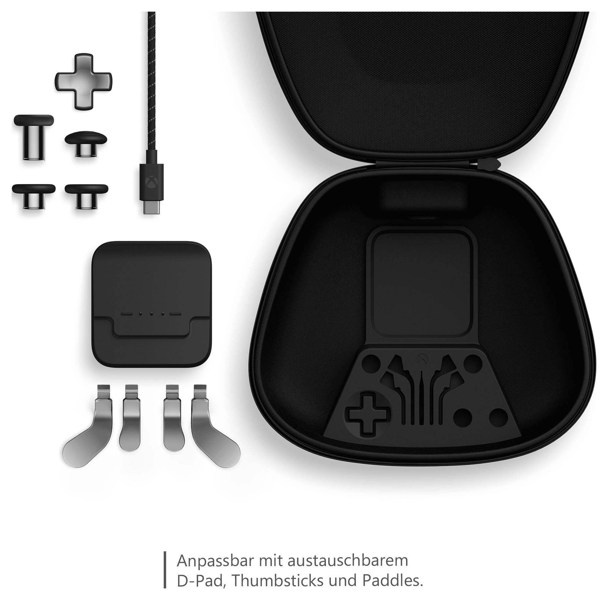 Schwarzes Gaming-Controller-Zubehörset mit Tragetasche, enthält D-Pad, Thumbsticks, Paddles und Kabel; Text sagt „Anpassbar mit austauschbarem D-Pad, Thumbsticks und Paddles."