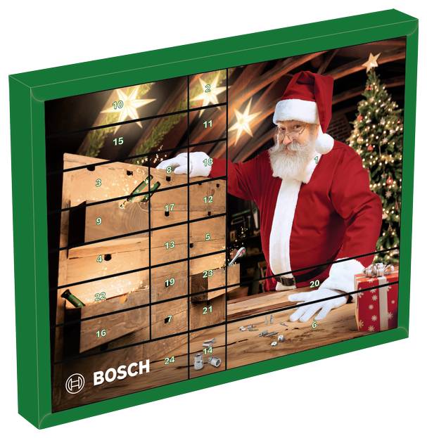 Bosch-Weihnachtsadventskalender mit 24 nummerierten Türen, auf dem der Weihnachtsmann neben einem geschmückten Weihnachtsbaum und einer Werkbank zu sehen ist.