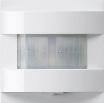 Weißer quadratischer, wandmontierter Sensor oder Leuchte mit einem zentralen Mattfenster und feinen kreisförmigen Mustern, vor einem weißen Hintergrund dargestellt.