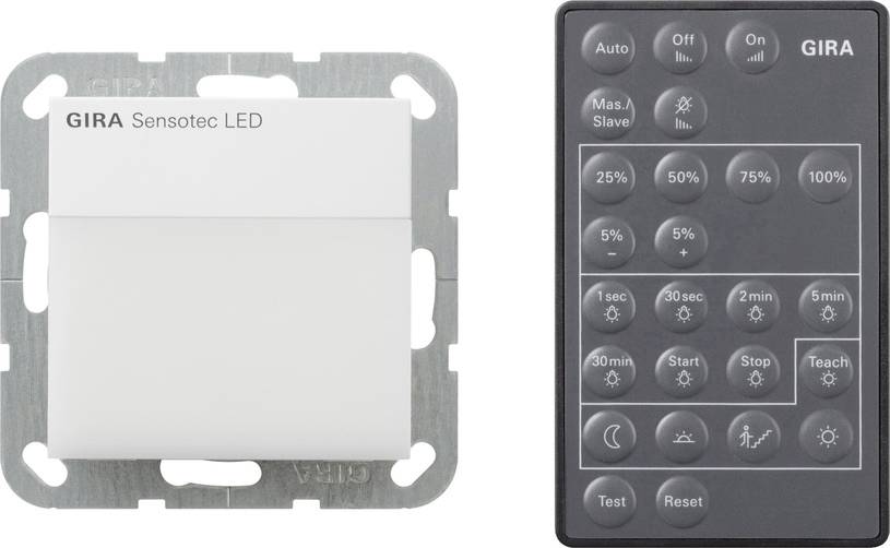 GIRA Sensotec LED-Wandschalter und passende Fernbedienung mit beschrifteten Tasten für Auto, Lichtstufen, Timer, Start, Stopp, Anlernen, Test und Zurücksetzen.