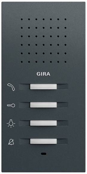 Dunkelgraues GIRA-Sprechanlagenanlagenpanel mit Lautsprecherlöchern, vier horizontalen Tasten und Symbolen für Telefon-, Schlüssel-, Licht- und Klingel-/Anruffunktionen.