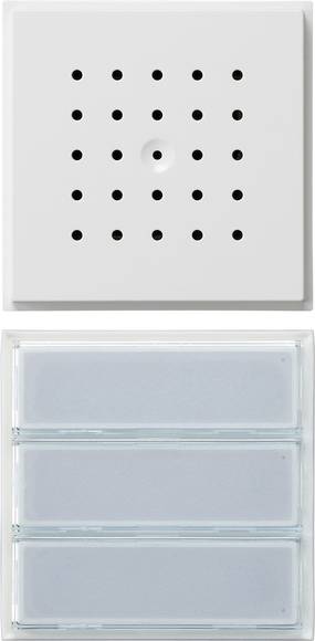 Weiße quadratische Wandschalttafel mit einem Gitter aus kleinen schwarzen Knöpfen und einer zentralen Anzeige, gezeigt über drei durchsichtigen Wippe-Schalter-Knöpfen.