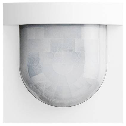 Weißer Bewegungsmelder an einer Wand oder Decke montiert, in Nahaufnahme dargestellt.