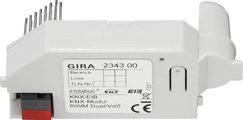 Weißes Gira KNX EIB Installationsmodul mit beschrifteten Anschllussklemmen und Verbindungsstiften, dargestellt in Produktansicht.