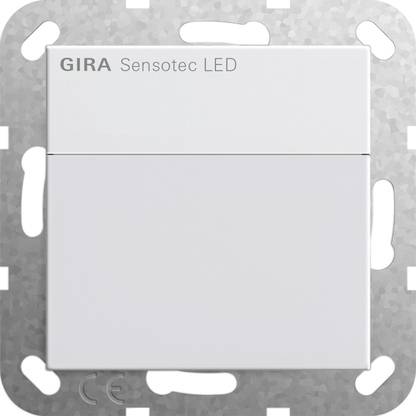 Weiße GIRA Sensotec LED-Wandschaltertafel mit zwei großen rechteckigen Tasten auf einer metallischen Montageplatten.