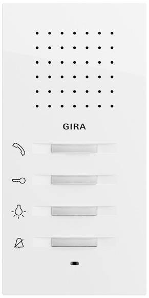 Weiße Wandsprechanlage/Bedienfeld mit der Bezeichnung „GIRA" mit Sprecherlöchern, vier horizontalen Tasten und Symbolen für Telefon, Schlüssel, Licht und Stummschaltung.