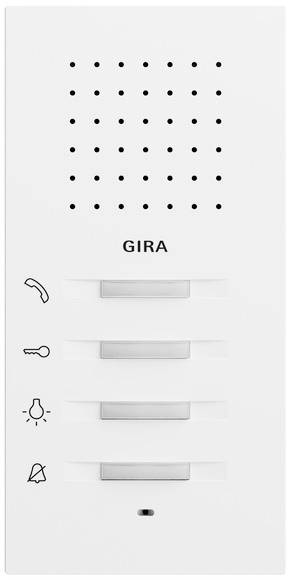 Weiße GIRA-Wandsprechanlage mit Lautsprecherlöchern, vier horizontalen Tasten und Symbolen für Telefon, Schlüssel, Licht und Anruf-Stummschaltung/Stille.