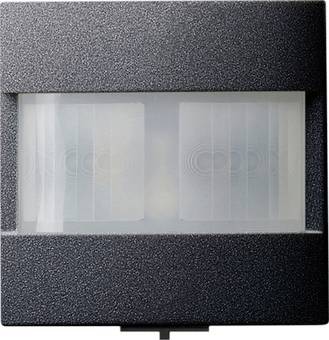 Nahaufnahme eines strukturierten, an der Wand montierten schwarzen Sensors oder einer Leuchtenabdeckung mit mattem rechteckigem Linsen und schwachen Kreismustern im Inneren.