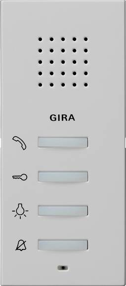 Weißes GIRA Wandsprechanlage-Panel mit Lautsprecherlöchern, Hörer, Schlüssel, Licht- und Klingelknöpfen sowie vier rechteckigen Knöpfen.