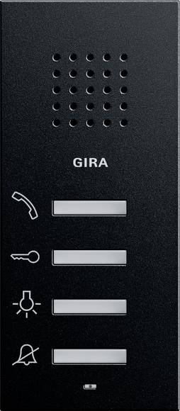 Schwarzes GIRA Wandsprechanlage-Panel mit Lautsprecherlöchern, einer Handset-Taste, einer Schlüsseltaste, einer Lichttaste, einer Stummschalttaste und einem kleinen Statusanzeiger.
