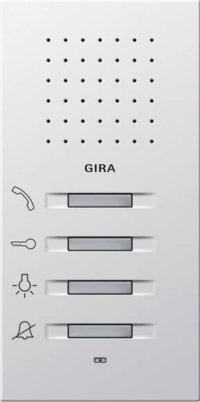 Wandschalttafel mit der Bezeichnung „GIRA" mit vier horizontalen Schiebereglern für die Funktionen Telefon, Schlüssel, Licht und Klingel.