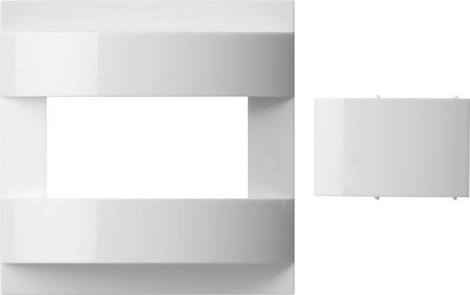 Minimale weiße Wandleuchte mit rechteckigem offenem Rahmendesign, gezeigt in Front- und Seitenansicht auf weißem Hintergrund.