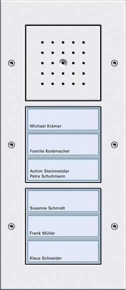 Gegensprechanlage-Verzeichnistafel mit Wohnungsnamen: Michael Krämer; Familie Korbmacher; Achim Steinmetzler, Petra Schuhmann; Susanne Schmidt; Frank Müller; Klaus Schneider.