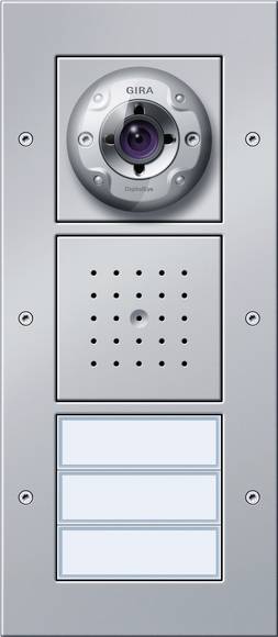 Wandmontiertes Gegensprechanlage-Panel mit einer Kameraobjektivöffnung oben, einem Sprechergehäuse in der Mitte und drei leeren Namensschildtasten darunter.
