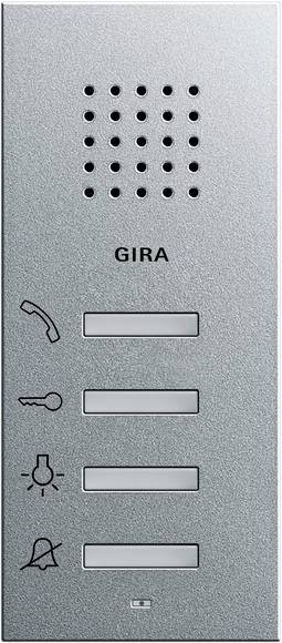 Silbernes GIRA-Türsprechanlage-Panel mit Lautsprecherlöchern und vier beschrifteten Tasten für die Funktionen Anruf, Schlüssel, Licht und Stummschaltung.