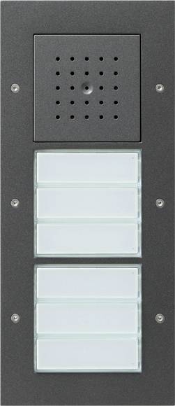 Wandmontiertes Türklingel-/Sprechanlage-Bedienfeld mit einem Sprechergitter oben und fünf übereinander angeordneten leeren weißen Drucktasten darunter.