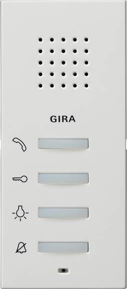 Wand-Sprechanlage mit GIRA-Beschriftung, Lautsprecherlöcher, vier Tastenanordnungen und Symbole für Telefon, Schlüssel, Licht und Klingel.