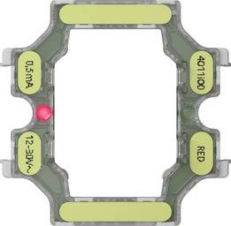 Draufsicht eines quadratischen elektronischen Geräts mit beschrifteten Seiten und einer leuchtenden roten Anzeigle-LED, die Verbindungspunkte und Leistungswerte zeigt.