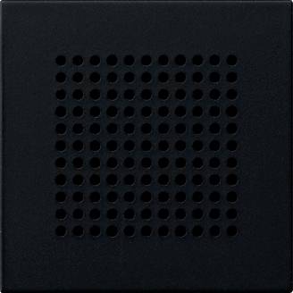 Nahaufnahme eines schwarzen perforierten Lautsprechergitters mit einem Gitter aus kreisförmigen Löchern auf einem matten Panel.