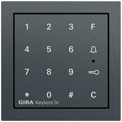 GIRA Keyless In Zugangsschlüsselpad mit Zahlentasten 1-9, 0, *, #, Funktionstaste F und C, Klingelicon und Schlüsselsymbol.