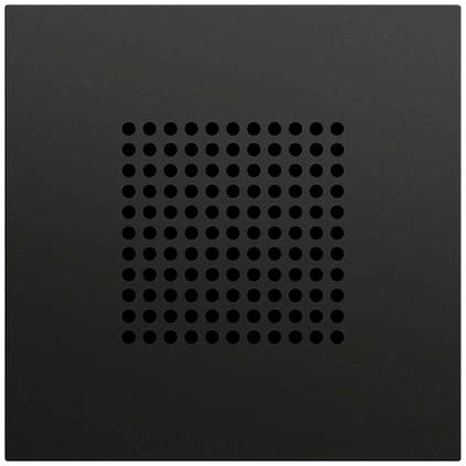 Schwarze quadratische Platte mit zentriertem Raster aus runden Löchern, ähnlich einem Lautsprechergitter oder einer Lüftungsöffnung.
