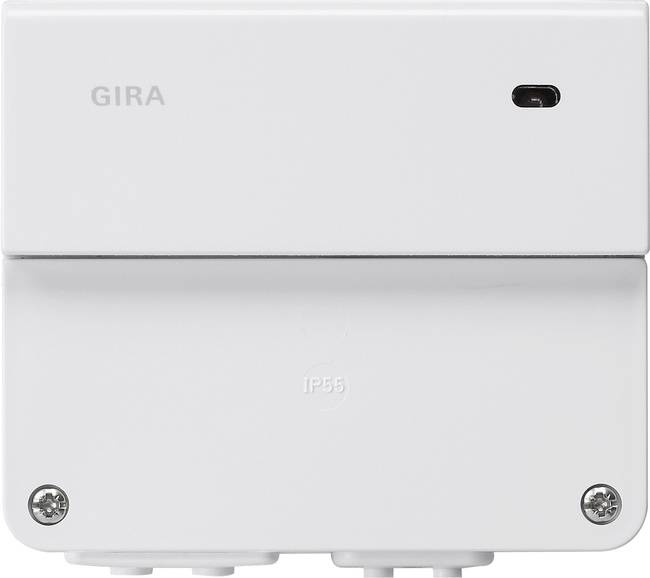 Weiße GIRA Unterputz-Elektroinstallationsdose mit kleinem schwarzem Inspektionsfenster und IP55-Kennzeichnung, Vorderansicht.