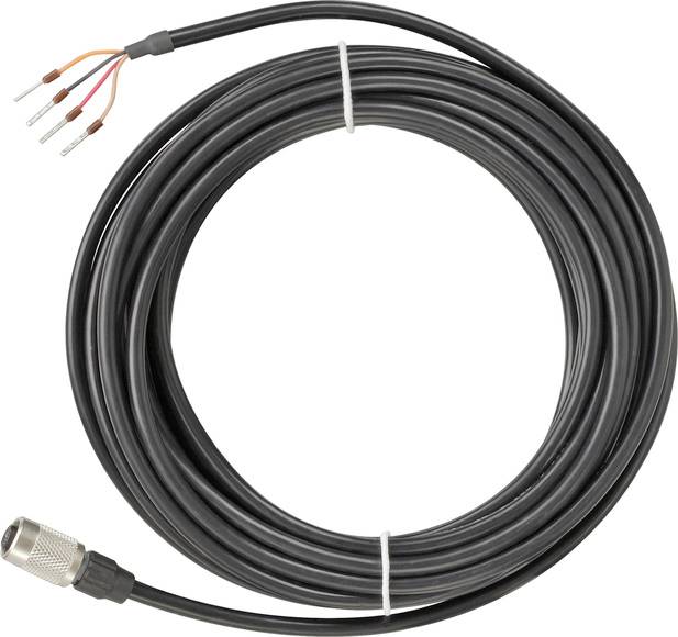Aufgerolltes schwarzes Kabel mit einem Metallstecker an einem Ende und vier abisolierten farbigen Drähten am anderen Ende.