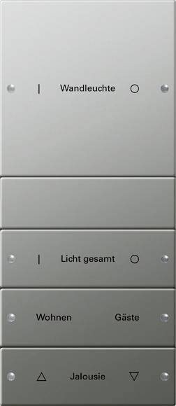Vertikal an der Wand montiertes Bedienfeld mit deutschen Beschriftungen für Beleuchtung und Jalousien: 'Wandleuchte', 'Licht gesamt', 'Wohnen', 'Gäste' und 'Jalousie' mit Auf-/Ab-Pfeilen.
