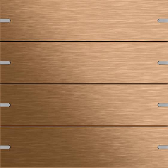 Nahaufnahme von vier horizontalen Holzbrettern oder Latten mit Metallbefestigungen an den linken und rechten Kanten.