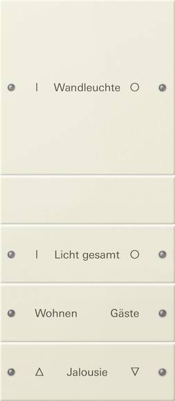 Wandmontierte deutsche Lichtschalttafel mit Tasten für „Wandleuchte", „Licht gesamt", „Wohnen", „Gäste" und „Jalousie".