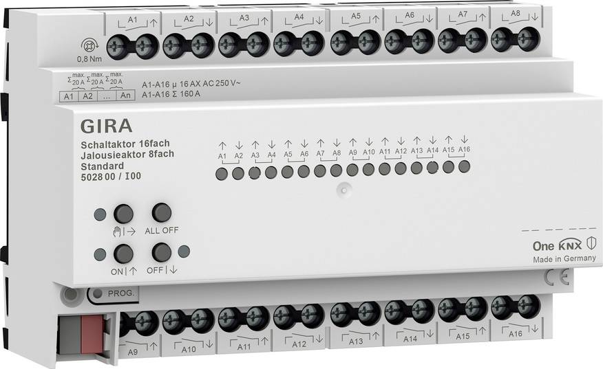 Weißes GIRA KNX 16-Kanal-Schaltaktor-Modul mit beschrifteten Anschlüssen und Steuertasten für Hausautomation.