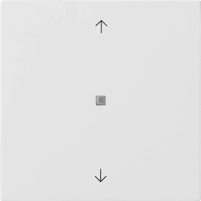 Minimales weißes Quadrat mit einem Aufwärtspfeil oben, einem kleinen zentralen Knopf und einem Abwärtspfeil unten, das ein einfaches Bedienfeld andeutet.