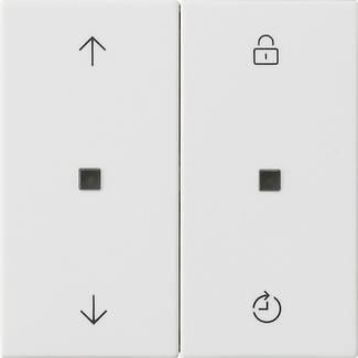 Zwei weiße Aufzugkontrollschaltflächen, eine mit Pfeilen nach oben und unten und die andere mit einem Schloss- und Timer-Symbol.