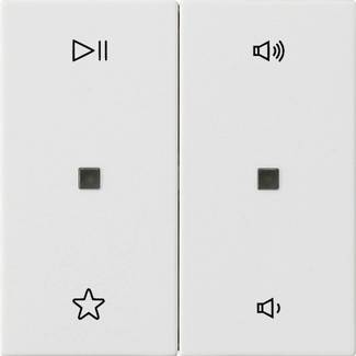 Zwei weiße Bedienfelder nebeneinander, mit Wiedergabe-/Pausierungstasten und Sternsymbolen auf der linken Seite und Lautsprecher-/Lautstärkereglersymbolen auf der rechten Seite, jeweils mit einer kleinen quadratischen Schaltfläche in der Mitte.
