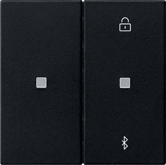 Schwarzes Wandkontrollpanel mit zwei quadratischen Tasten; die rechte Seite zeigt Schloss- und Bluetooth-Symbole, die Sperr- und Kopplungsfunktionen anzeigen.