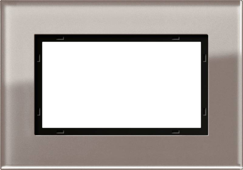 Ein leeres rechteckiges Touchscreen oder Display, das in eine metallische Wandplatte eingebettet ist.