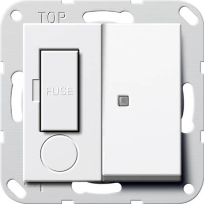 Weißer Wandschalter mit integrierter Sicherung und kleiner Kontrollleuchte auf einer Montageplatte, beschriftet mit „TOP" und „FUSE".