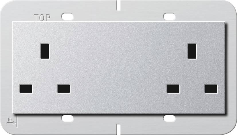 Metall-Faceplate für UK-Doppelsteckdose mit der Beschriftung "TOP" und zwei Steckdosenöffnungen.