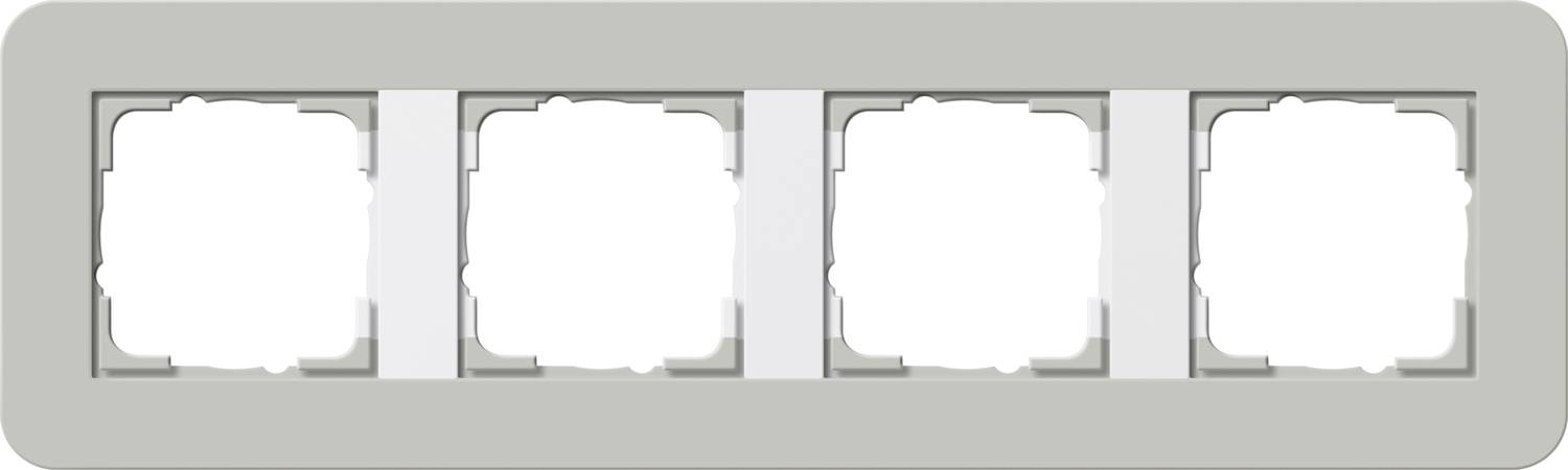 Ein graues rechteckiges Panel mit vier leeren quadratischen weißen Schlitzen, die in einer Reihe angeordnet sind, wie ein vierfach-Rahmen oder Schaltfeld.