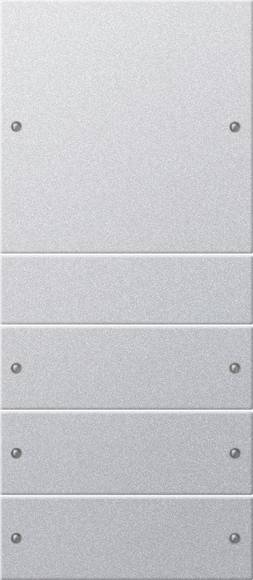 Nahaufnahme eines schlichten Silbermetallpaneels mit horizontalen Nähten und vier sichtbaren Schraubenköpfen, das einen rechteckigen unteren Abschnitt zeigt.