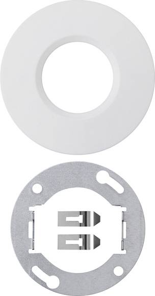 Weißer kreisförmiger Ring oberhalb einer Metallmontageplatte mit zentralem Ausschnitt, Löchern und Schlitzen, gezeigt als Produktkomponente auf weißem Hintergrund.