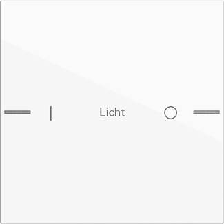 Weiße Lichtschalter-Blende mit der Beschriftung "Licht", mit einem horizontalen Wippschalter und Anzeigemarkierungen.