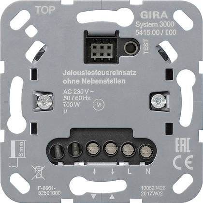 Nahaufnahme eines Gira System 3000 Jalousiesteuereinsatzes mit der Bezeichnung "Jalousiesteuereinsatz ohne Nebenstellen", mit Anschllussklemmen und Testknopf.