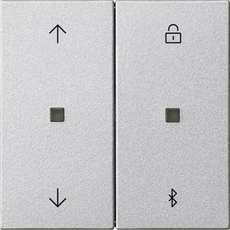 Zwei nebeneinander angeordnete silberne Kontrolltasten: links mit Pfeil nach oben und unten, rechts mit Vorhängeschloss und Bluetooth-Symbol, jeweils mit einem kleinen quadratischen Anzeigelicht.