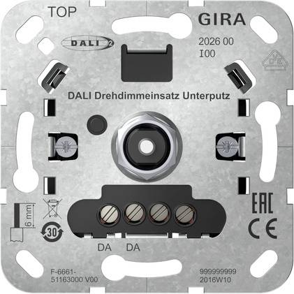 DALI-Dimmereinsatz mit Drehregler, beschriftet mit "DALI Drehdimmereinsatz Unterputz" und GIRA-Branding auf einer Metall-Montageplatte.