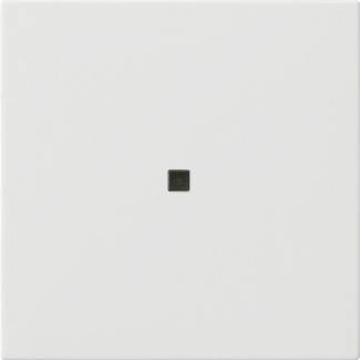 Minimalistisches weißes Quadratpaneel mit einem kleinen dunklen Quadrat in der Mitte.
