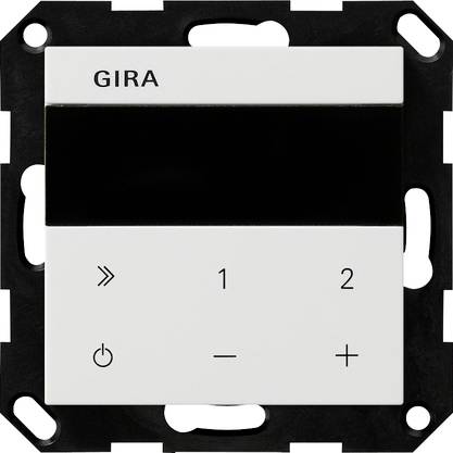 GIRA Wandcontrolpanel mit leerem Display und Tasten zum Anfassen für Ein-/Ausschalter, Minus, Plus und zwei Voreinstellungen mit den Bezeichnungen 1 und 2.