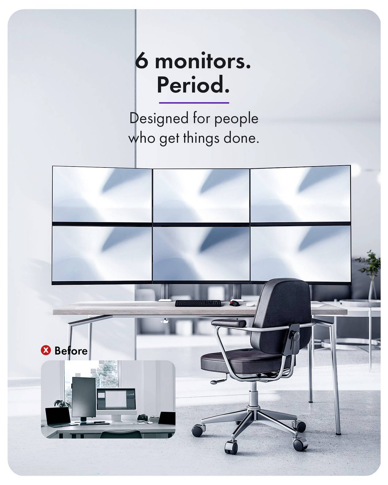 Büroeinrichtung mit sechs Monitoren auf einem Schreibtisch und einem Stuhl; der Anzeigentext lautet „6 Monitore. Punkt. Entworfen für Menschen, die Dinge erledigen."