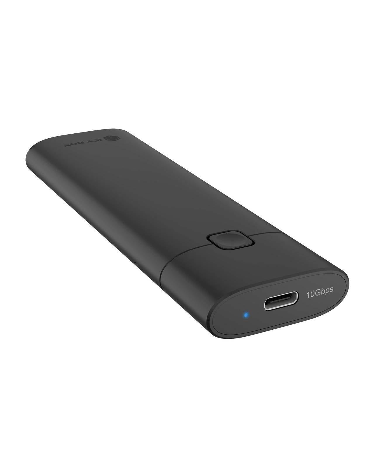 Tragbare schwarze SSD mit USB-C-Anschluss und kleiner blauer LED-Anzeige, gezeigt auf weißem Hintergrund.